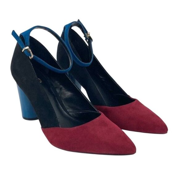 Mix No. 6 Suede Colorblock Black, Burgundy & Blue 4" Heels w Ankle Strap - Picture 2 of 11